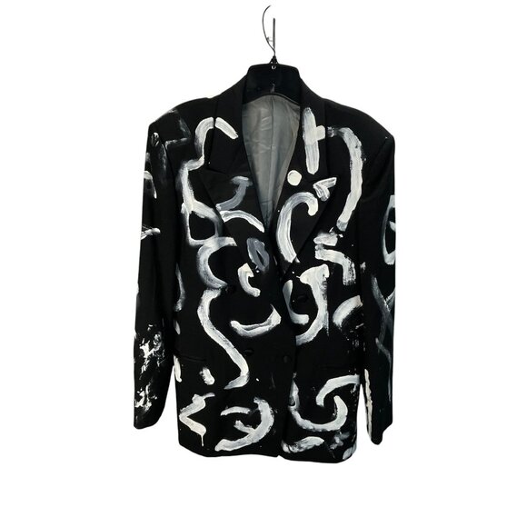 Hand-Painted Abstract Pattern Blazer Jacket Mens Black White Double-Breasted - Picture 2 of 8